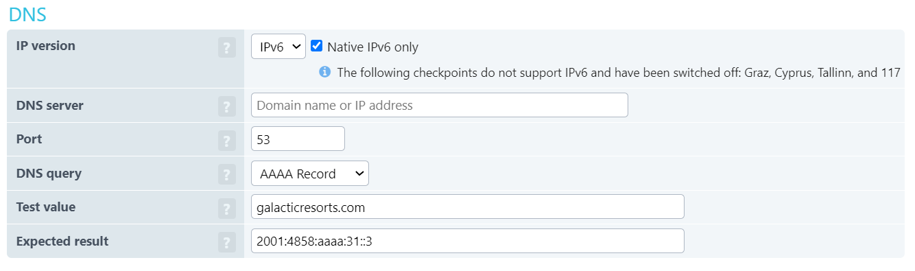 DNS IPv6 monitoring settings