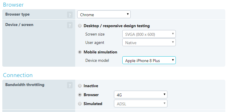 Screenshot: Synthetic mobile testing options