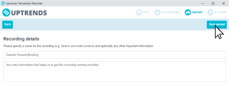 Screenshot: Name the recording and click Start Upload.