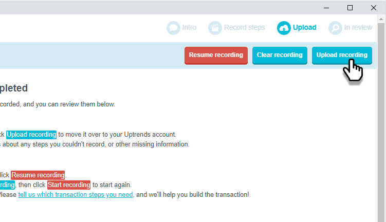 Screenshot: Click Upload recording to begin the upload process.