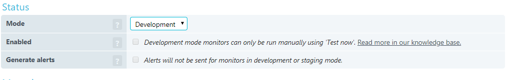 Screenshot: monitor mode set to Development