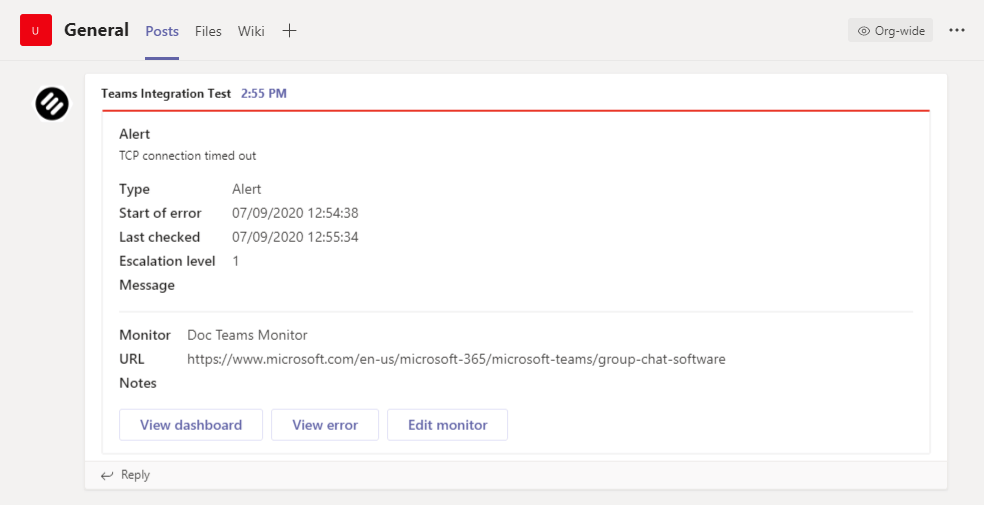 An Uptrends alert in a Microsoft Teams channel.