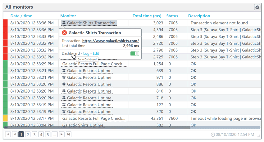 Accessing a monitor dashboard from the Monitor Log